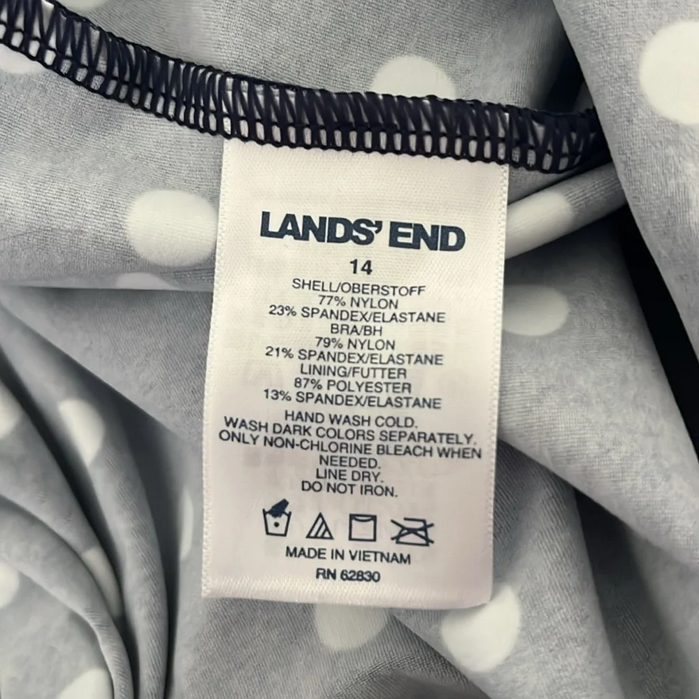 Lands End Tankini Swimsuit Top Navy and White Polka Women Size 14 w/ Underwire